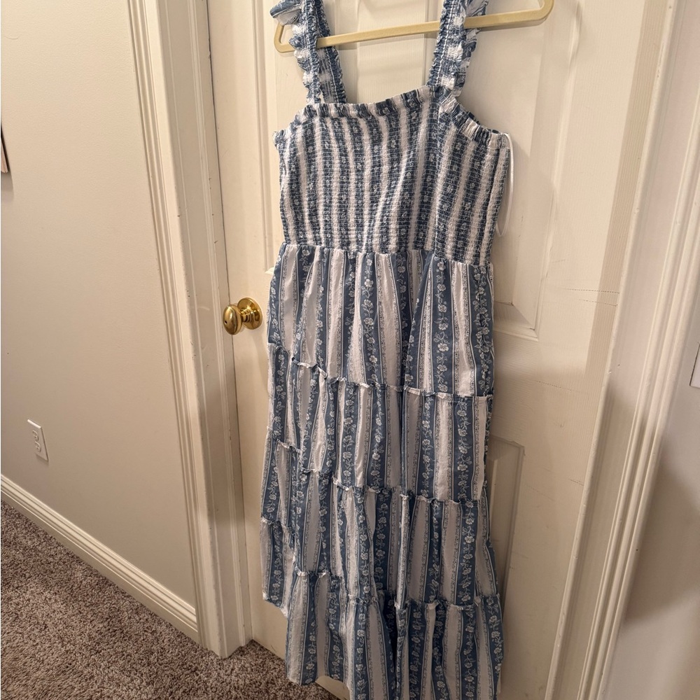 J. Crew White Sundress with Blue Floral Stripe